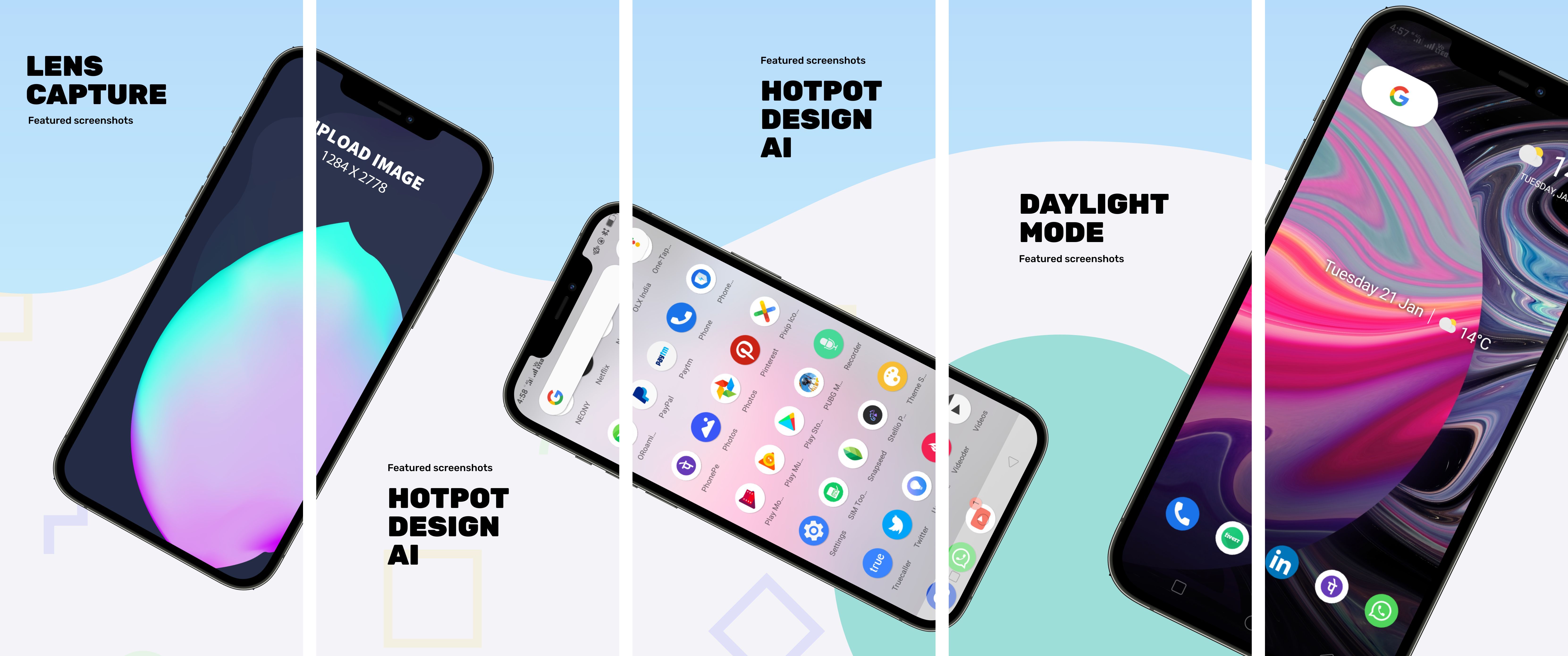 This is an App Store panorama screenshot comprised of five individual screenshots. Three rotated iPhone XS Max frames punctuate the panorama in a decorative and arresting style while concise captions accent the design with descriptions of app functionality and benefits.