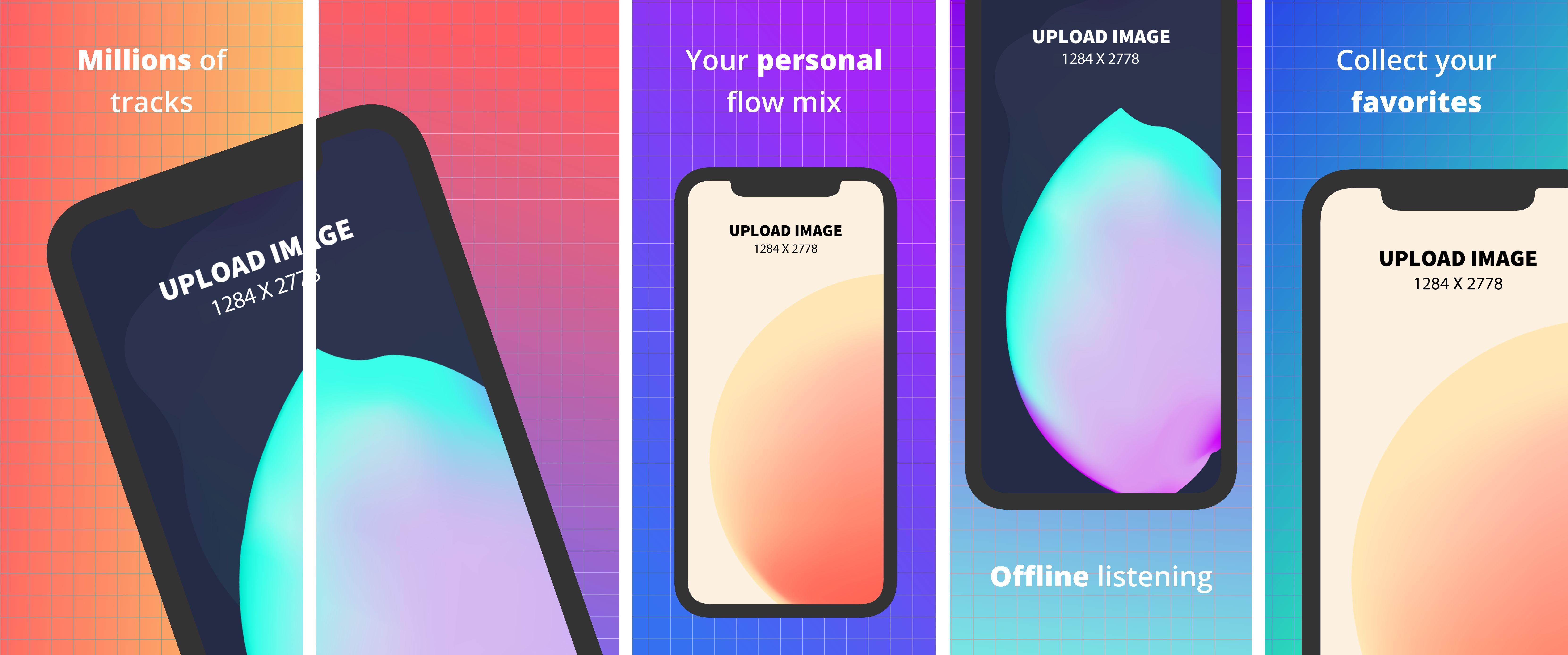 This is an App Store panorama screenshot featuring multiple iPhone XS Max devices accented by coherently diverse gradient backgrounds. The colorful backgrounds grab attention while punchy phrases describe key features of the app.