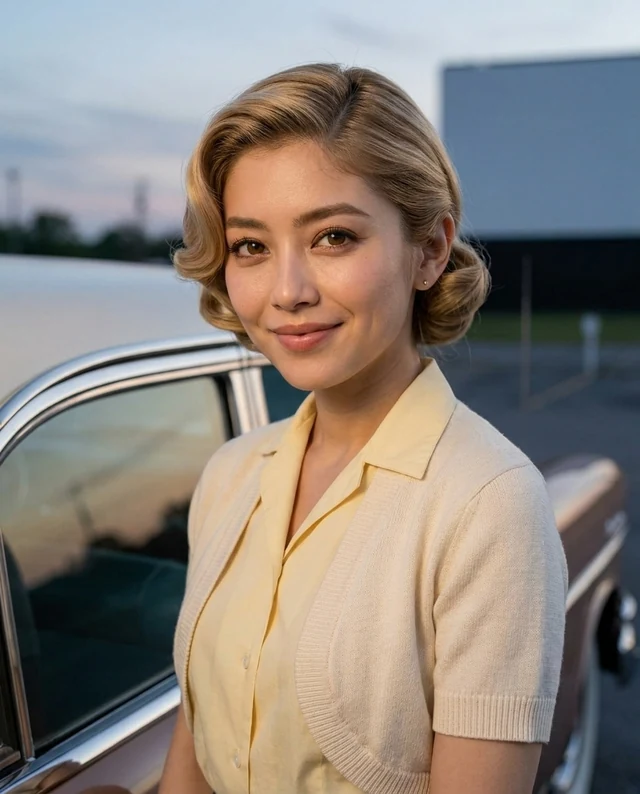 Drive In Twilight, women styling on an AI model