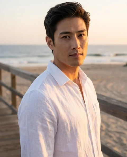 Beach sunset, men styling