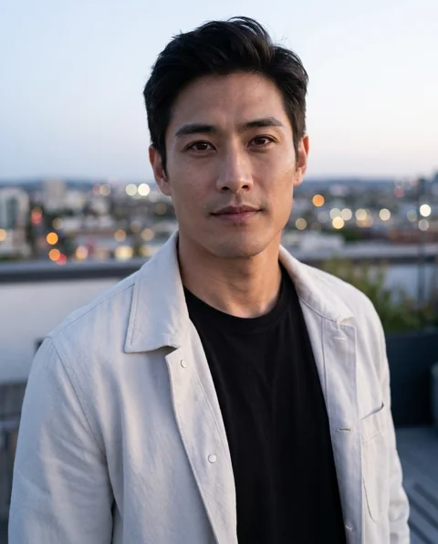 Rooftop evening, men styling