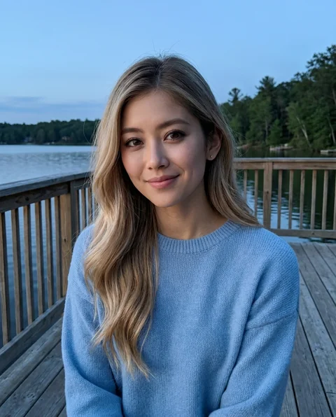 Lakeside weekend, women styling on an AI model