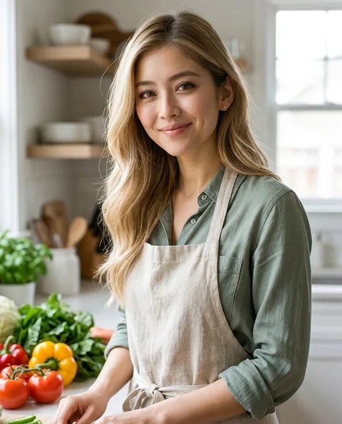 Cooking at home, women styling on an AI model
