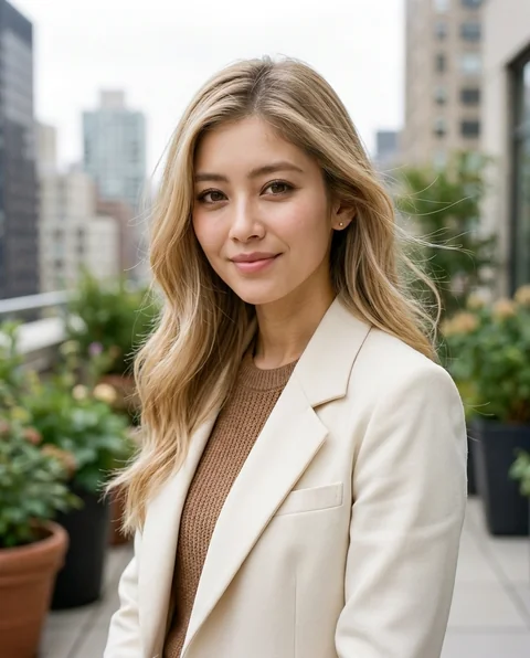 Office terrace, women styling on an AI model