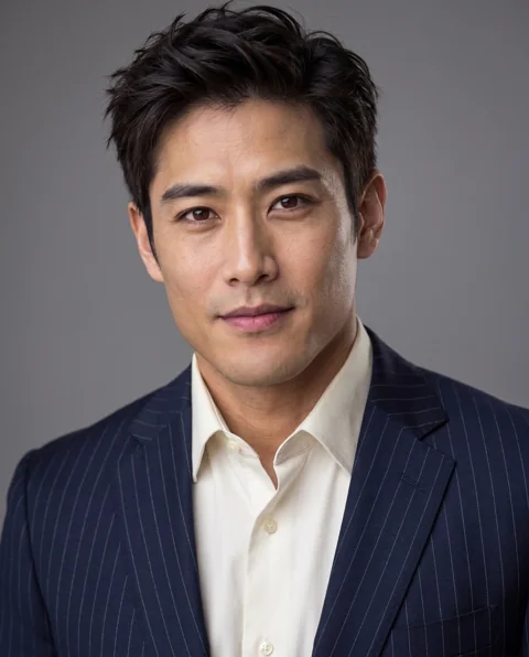 Pinstripe and gray, men styling on an AI model