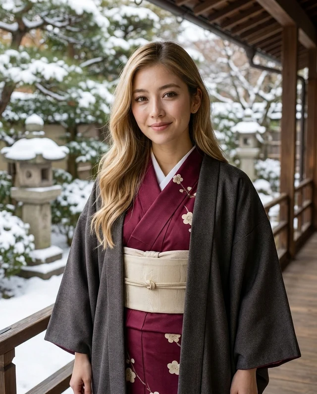 Snow Garden Kimono, women styling on an AI model