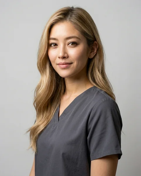 Gray scrubs, women styling on an AI model