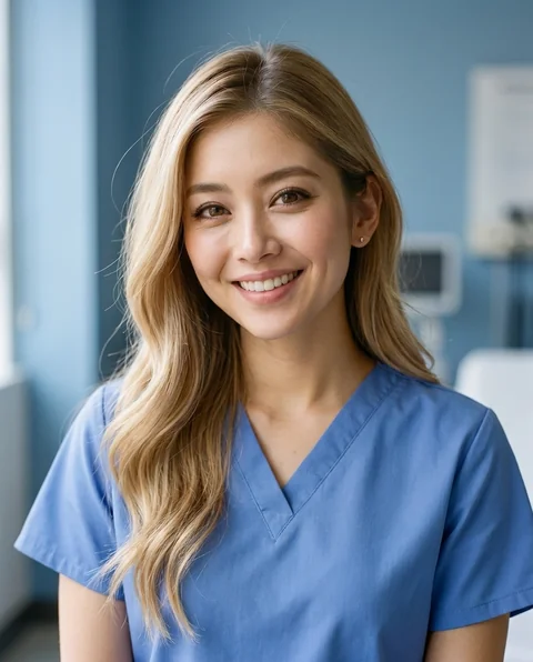 Blue clinic, women styling on an AI model