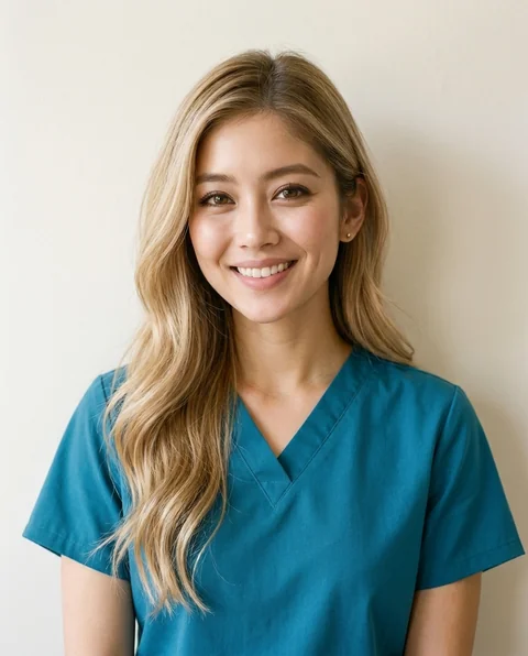 Teal scrubs, women styling