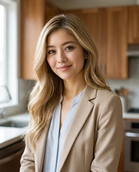 Warm kitchen, women styling on an AI model