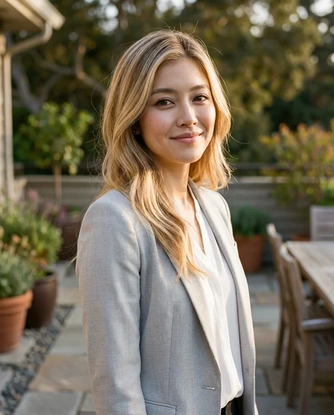 Garden terrace, women styling on an AI model