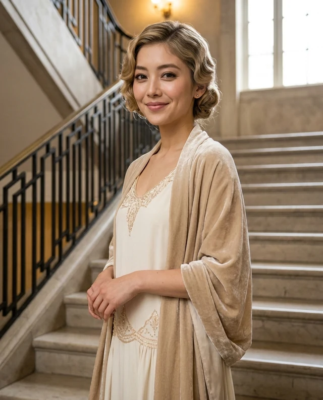 Hotel Staircase, women styling on an AI model