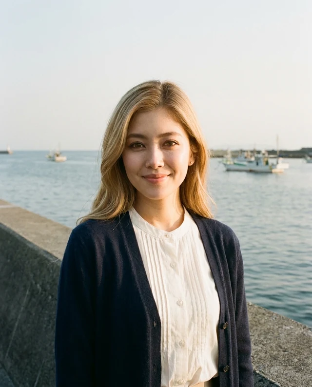 Seaside Film Portrait, women styling on an AI model