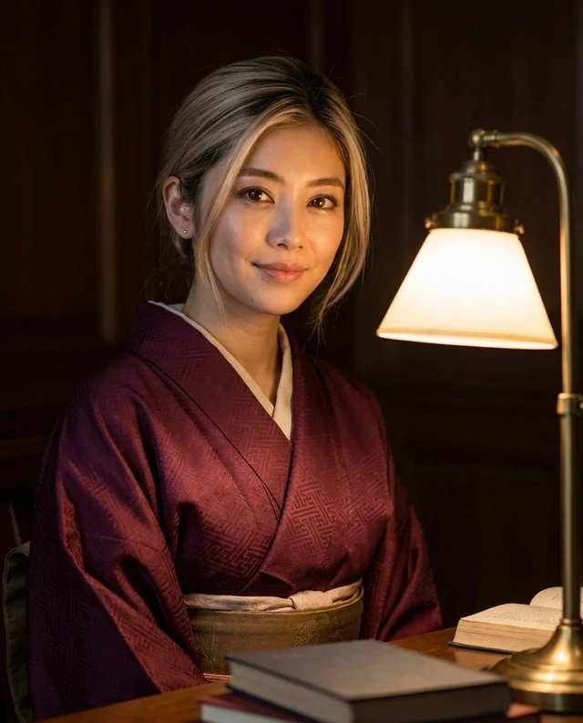 Lamplit Reading Room, women styling on an AI model