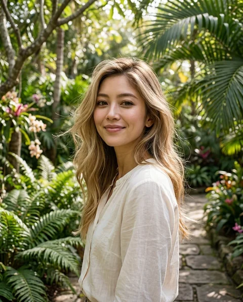 Tropical garden, women styling on an AI model