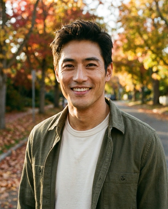Man in an olive overshirt outdoors in autumn