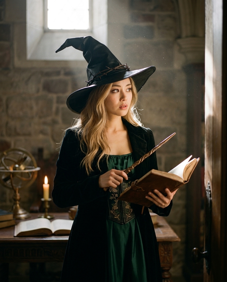 Woman in a pointed witch hat and black velvet costume