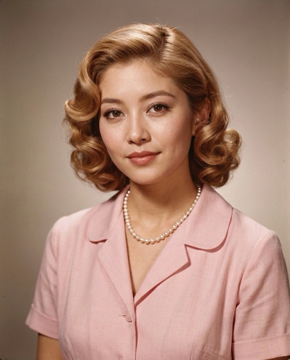 Woman in a pink dress and pearls in a 1950s portrait