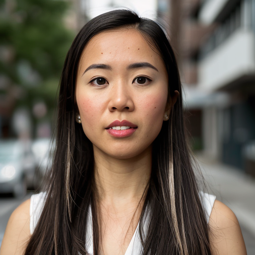 Professional headshot of woman against city landscape