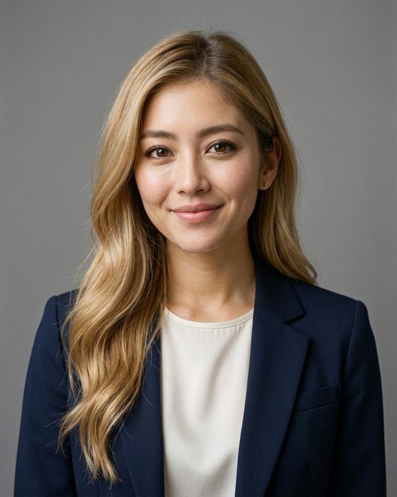 Woman in a navy blazer, corporate studio portrait