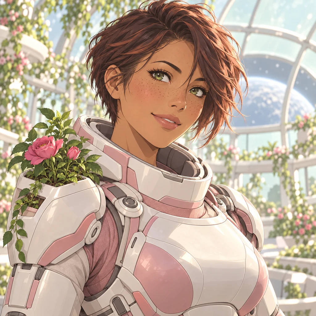 An original copper-haired anime garden engineer wears an ivory-and-pink suit with a small shoulder planter.