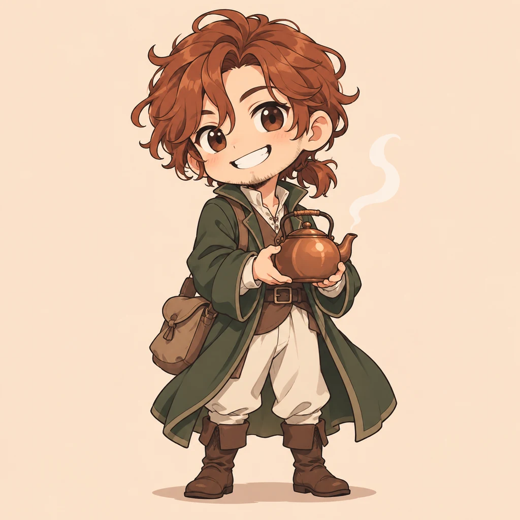 An original chibi tea merchant in a green coat holds a copper teapot.