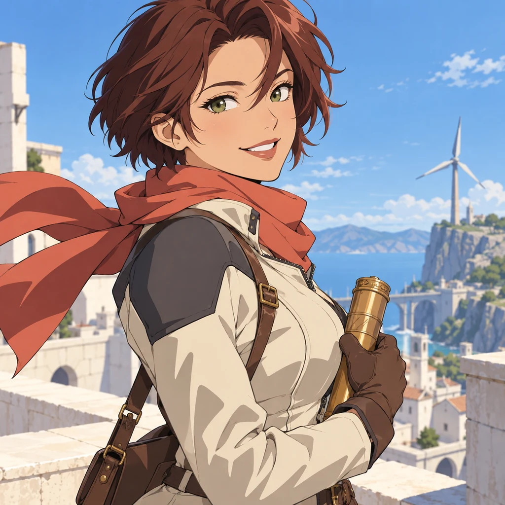 An original auburn-haired courier in a cream jacket and coral scarf on a sunny rooftop.