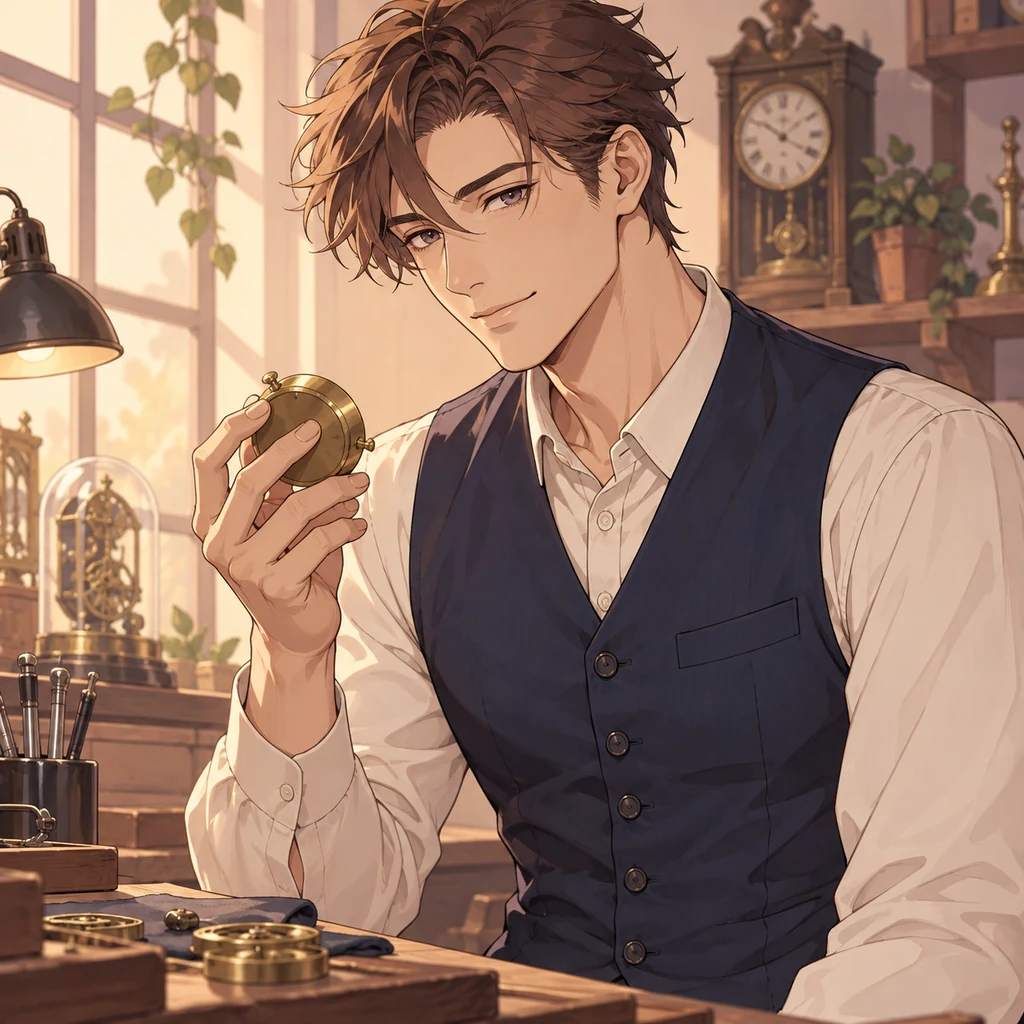 An original clock restorer in a blue vest holds a brass clock casing.