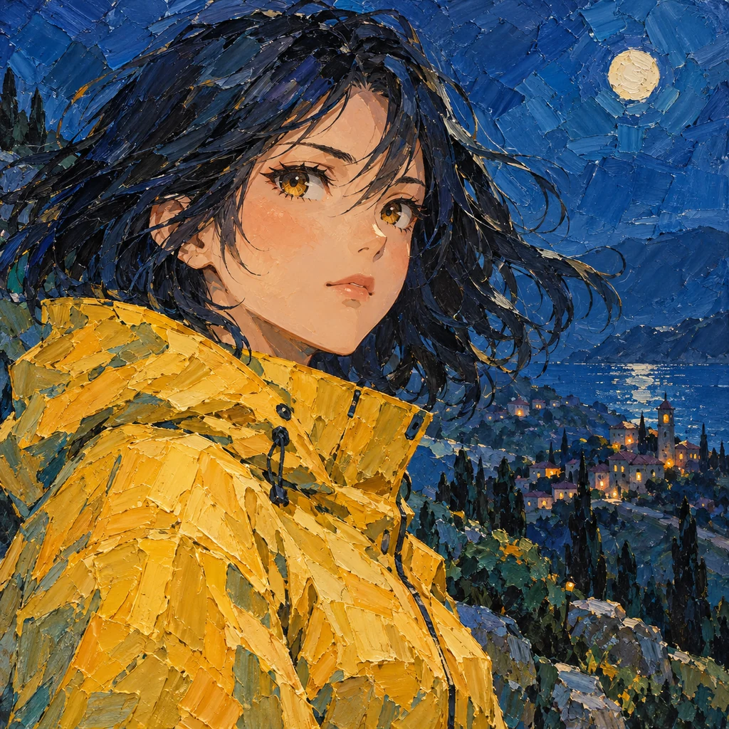 An original woman in a yellow raincoat painted with thick blue and gold palette-knife strokes.