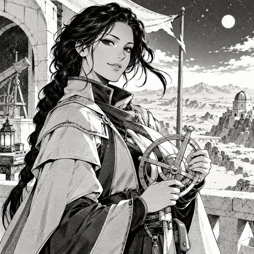 An original astronomer holds a circular instrument in a black-and-white ink illustration.