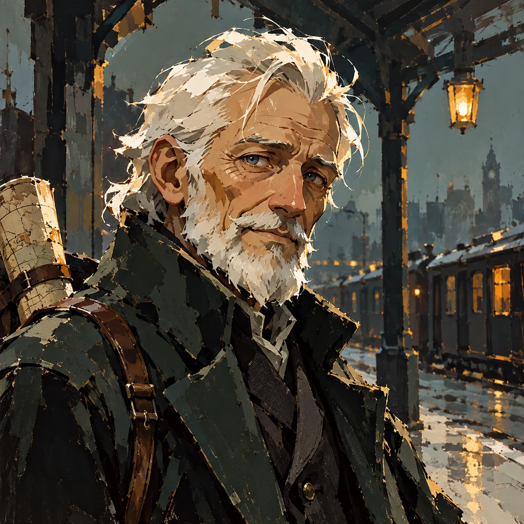 An original white-haired cartographer in a dark green coat painted with angular oil strokes.