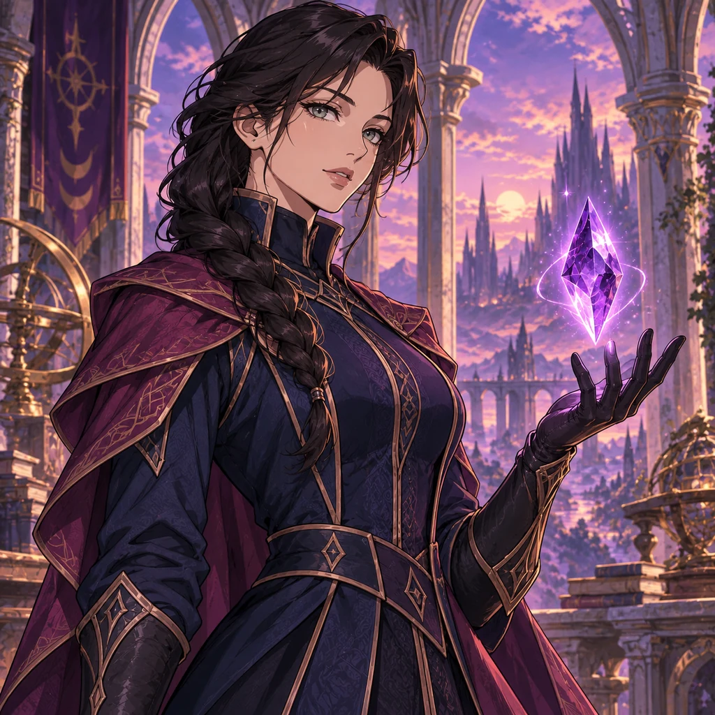 An original dark-haired anime archivist holds a glowing violet crystal beneath twilight arches.