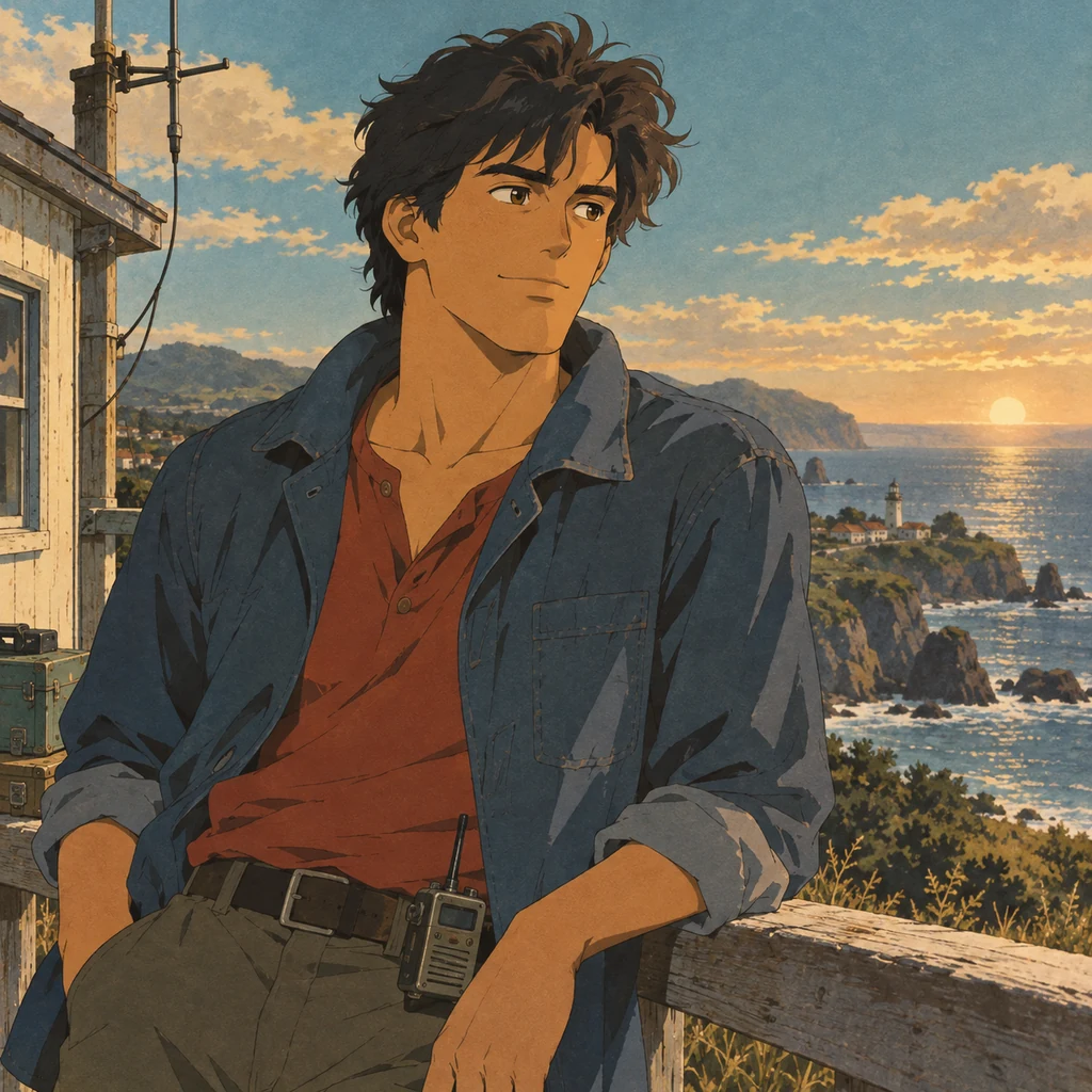 An original coastal radio mechanic in a blue jacket watches the sea at sunset.
