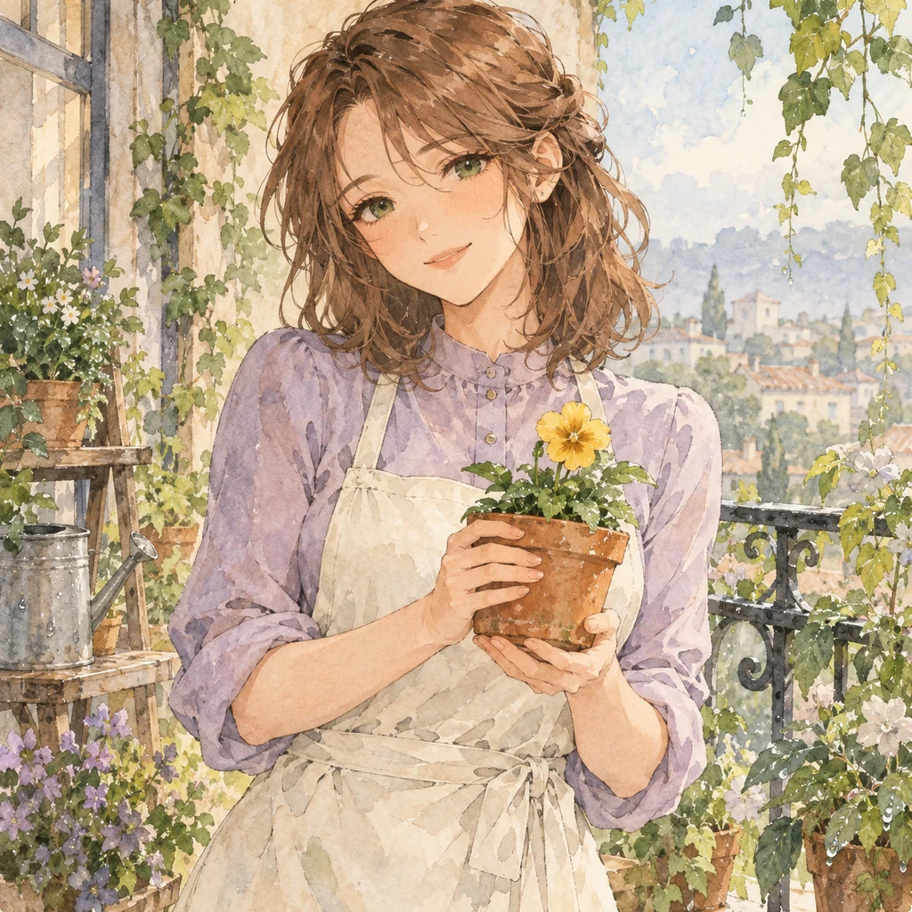 An original gardener holds a yellow flower in a translucent watercolor illustration.