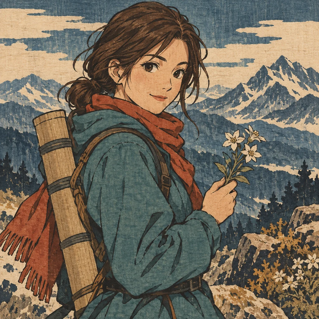An original mountain botanist with alpine flowers rendered as a textured woodblock print.