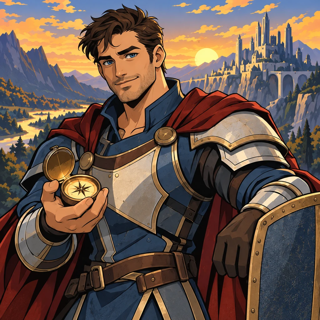 A cartoon adventurer in a red cloak holding a compass beside a castle at sunset