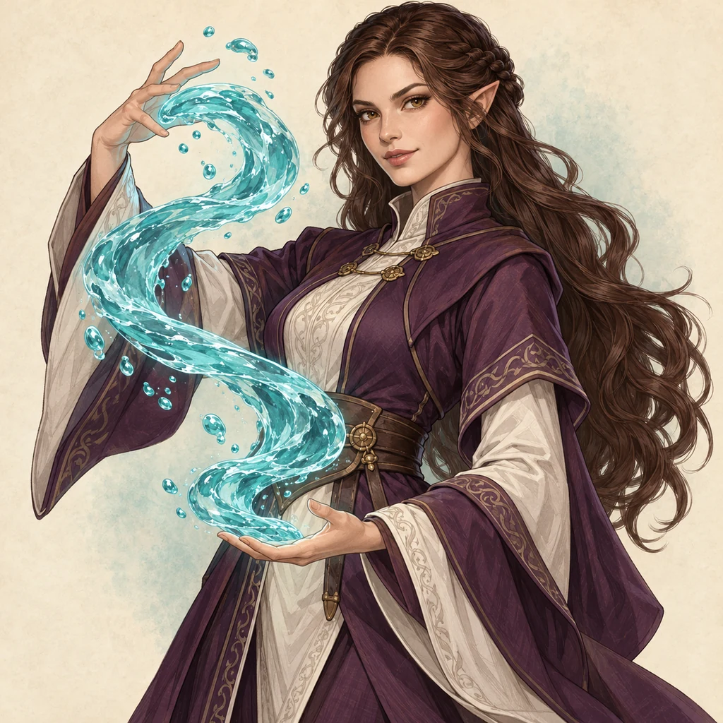 A beautiful long-haired mage in high-collared plum robes confidently shapes a suspended turquoise water ribbon.