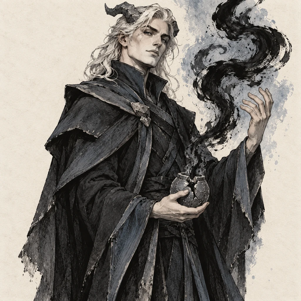 A handsome pale-haired horned spellcaster in a closed dark mantle raises ink-like smoke from a cracked stone reliquary.