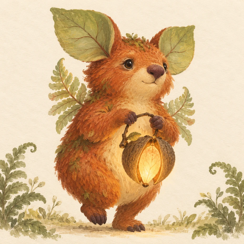 A small orange woodland creature with leaf-shaped ears and fern fins carries a glowing seed lantern.