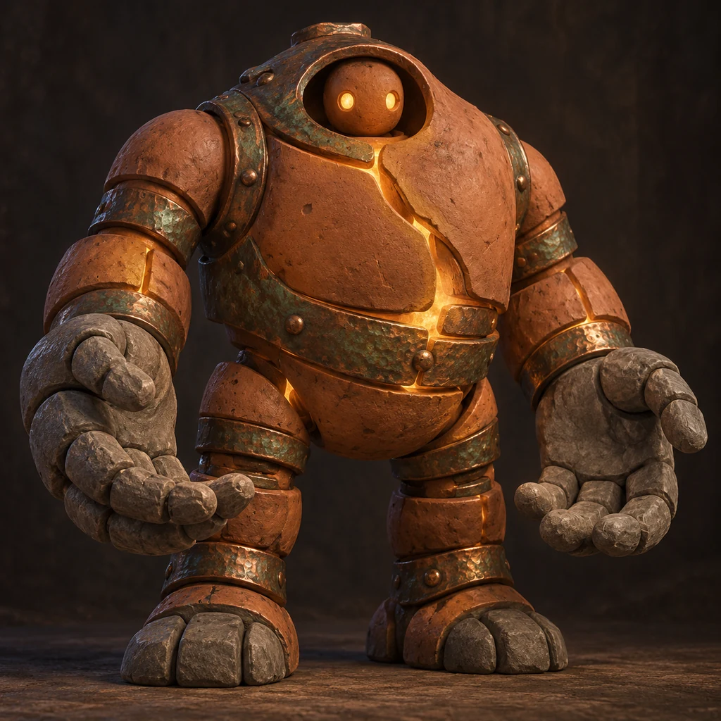 A protective terracotta-and-copper guardian holds its large articulated stone hands open around a warm inner glow.