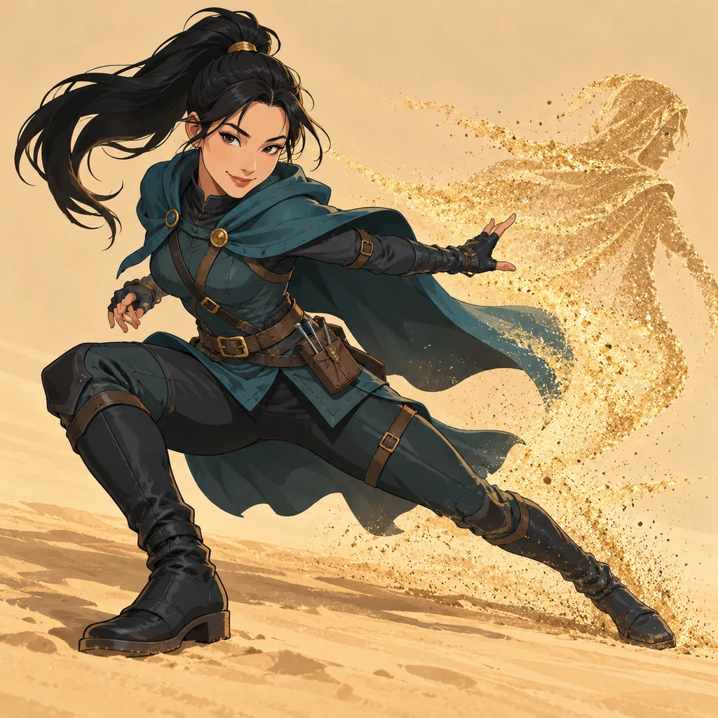 A smiling East Asian magical rogue in fully covering teal clothing escapes beside a dissolving golden sand decoy.