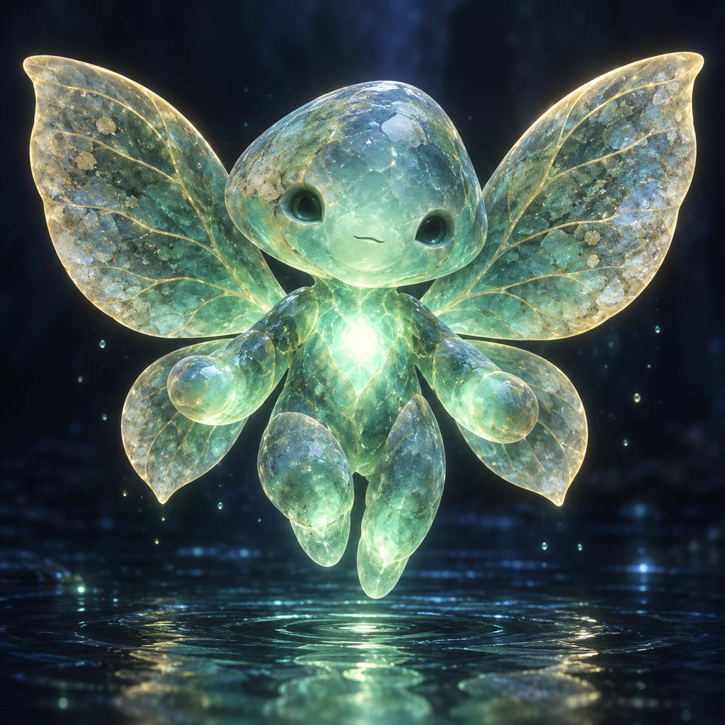 A blue-green translucent stone spirit with four broad mothlike wings glows above a dark pool.