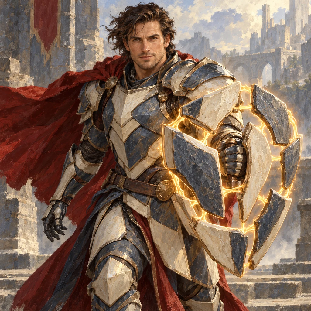 A handsome knight advances protectively with a fragmented shield held together by amber magic.