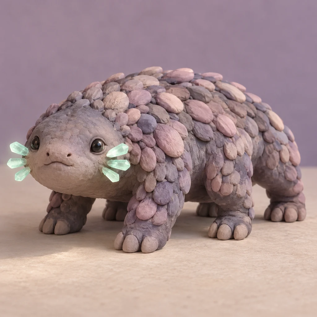 A squat six-legged lavender clay familiar with pebblelike fur and glowing mint crystal whiskers.