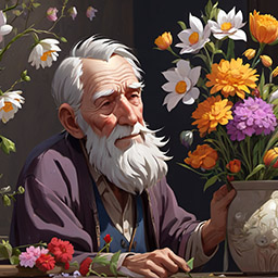 Oil painting of an elderly man beside flowers