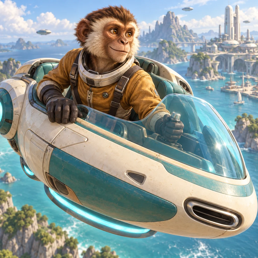 A monkey piloting a flying car above an ocean city