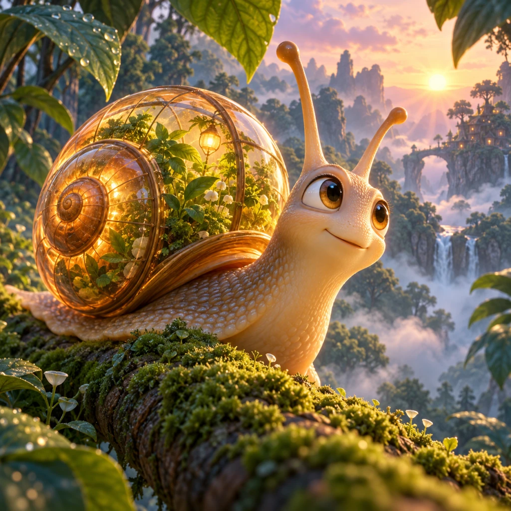 A cheerful snail with a glowing greenhouse inside its glass shell overlooks a misty forest valley.