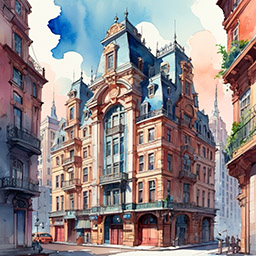 Watercolor city in warm pinks and greens
