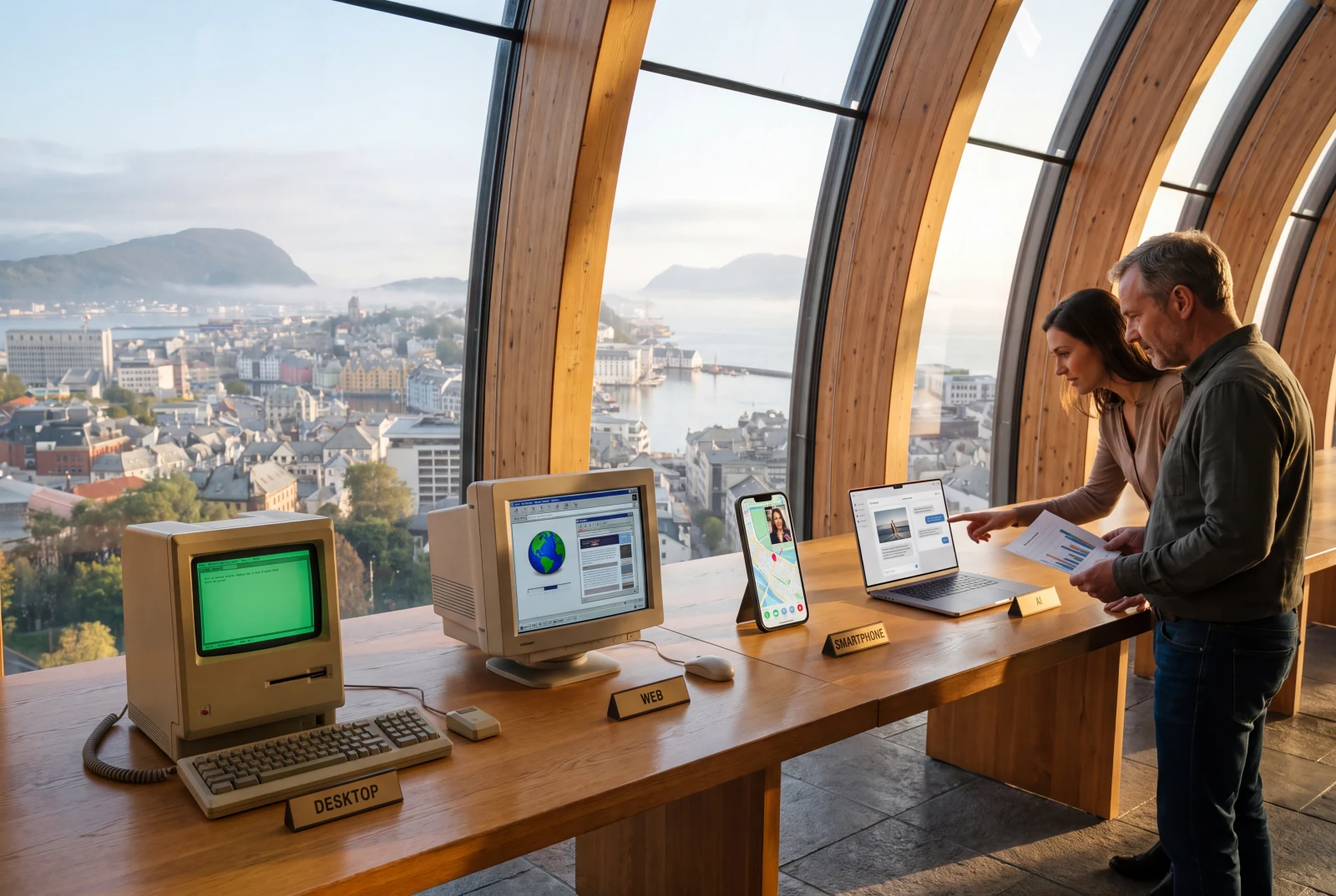 Desktop, web, smartphone, and AI devices overlooking a coastal city, with two people examining AI output alongside a printed chart