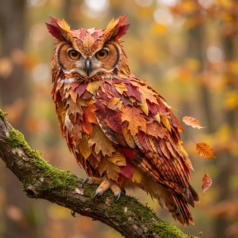 An owl whose feathers are real autumn leaves stares into the camera from a mossy branch, wildlife photograph.
